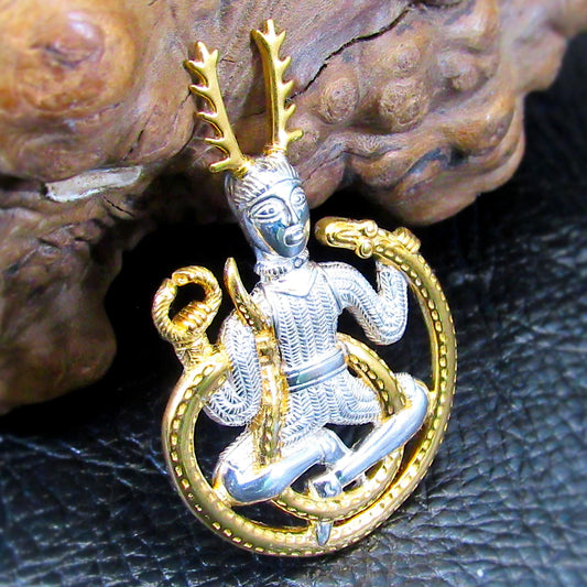 Solid 925 Sterling Silver Celtic God of the Underworld Cernunnos Pendant, Master of the Hunt, Horned God Amulet, 18k Gold Accent Jewelry