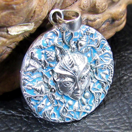 Solid 925 Sterling Silver Mari Sea Goddess Pendant by Oberon Zell – Ocean Mythology Jewelry with Optional Blue / Aqua Enamel, Nautical Gift