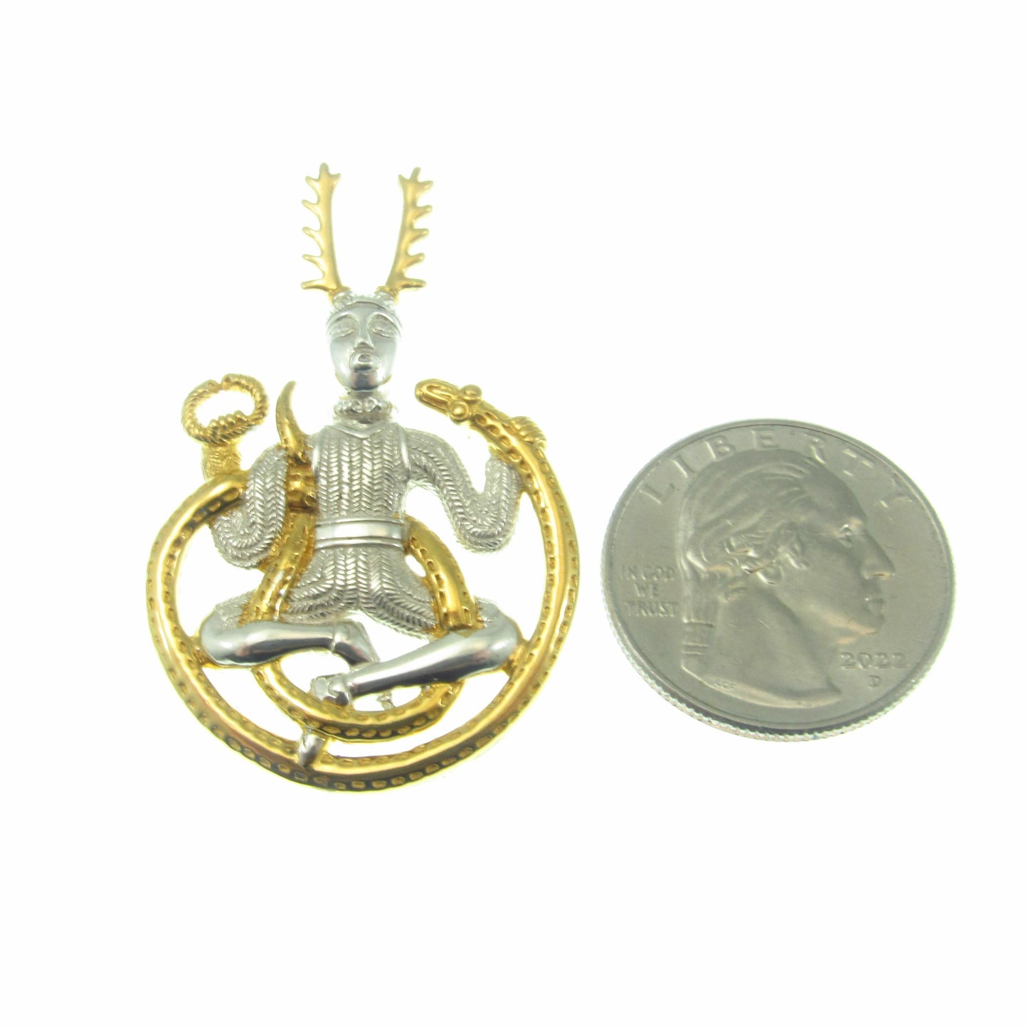 Solid 925 Sterling Silver Celtic God of the Underworld Cernunnos Pendant, Master of the Hunt, Horned God Amulet, 18k Gold Accent Jewelry