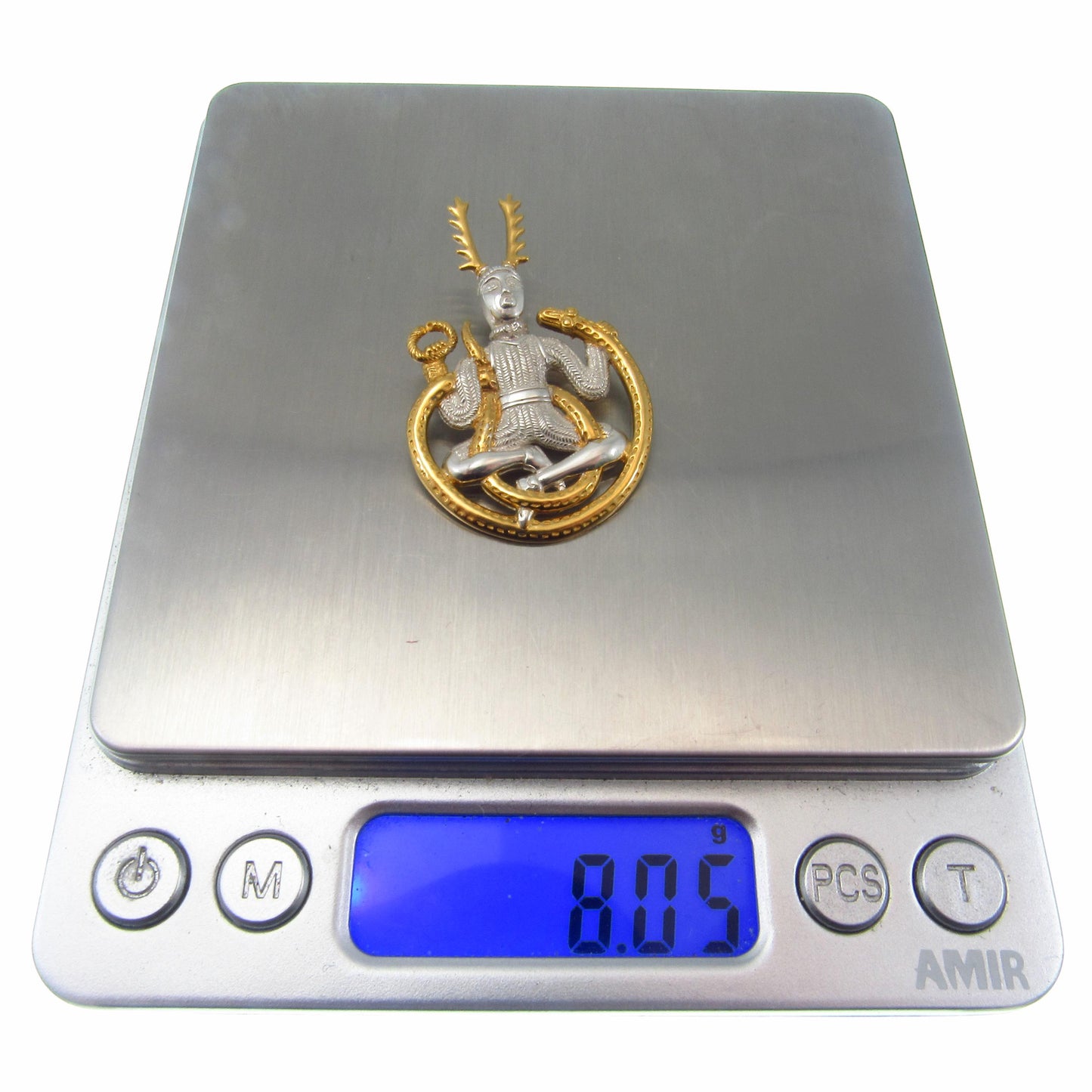 Solid 925 Sterling Silver Celtic God of the Underworld Cernunnos Pendant, Master of the Hunt, Horned God Amulet, 18k Gold Accent Jewelry