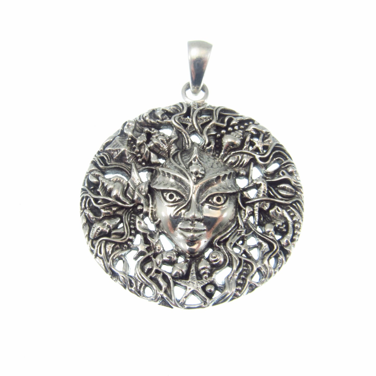 Solid 925 Sterling Silver Mari Sea Goddess Pendant by Oberon Zell – Ocean Mythology Jewelry with Optional Blue / Aqua Enamel, Nautical Gift