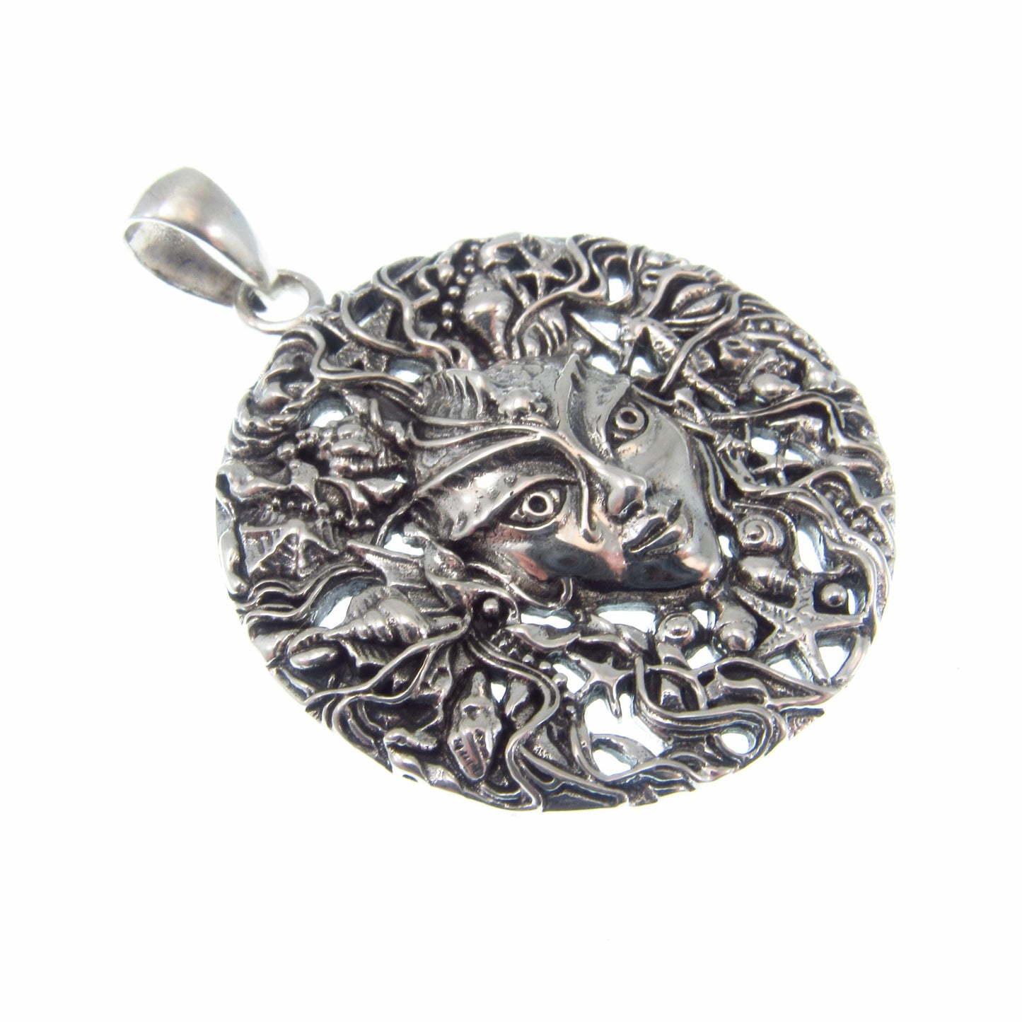 Solid 925 Sterling Silver Mari Sea Goddess Pendant by Oberon Zell – Ocean Mythology Jewelry with Optional Blue / Aqua Enamel, Nautical Gift