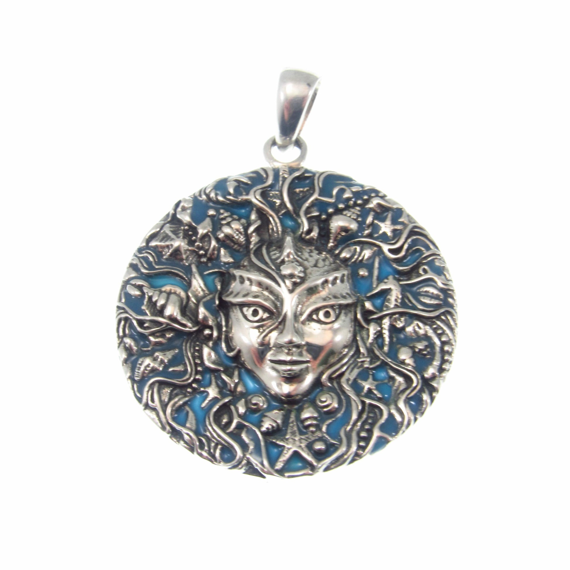Solid 925 Sterling Silver Mari Sea Goddess Pendant by Oberon Zell – Ocean Mythology Jewelry with Optional Blue / Aqua Enamel, Nautical Gift