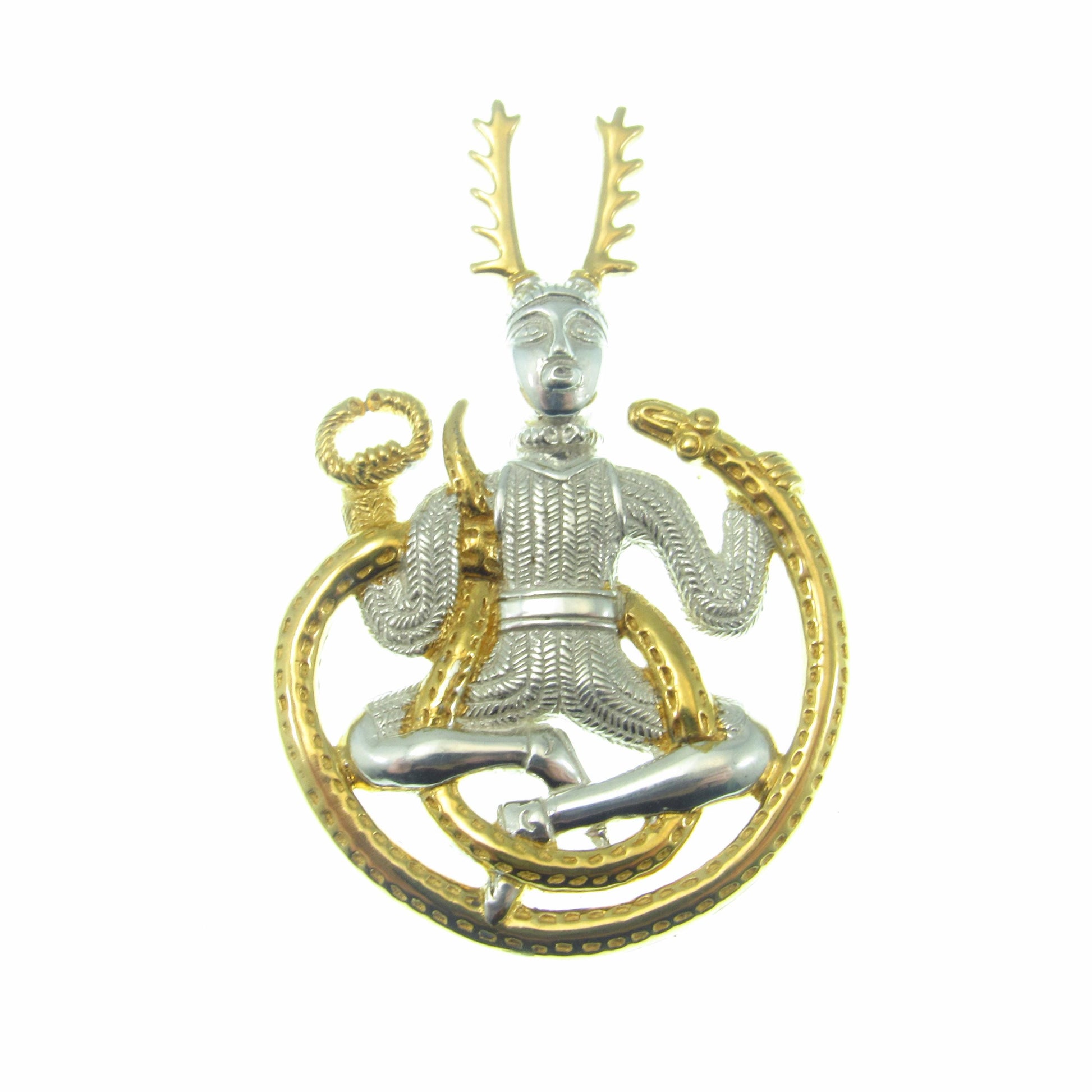 Solid 925 Sterling Silver Celtic God of the Underworld Cernunnos Pendant, Master of the Hunt, Horned God Amulet, 18k Gold Accent Jewelry