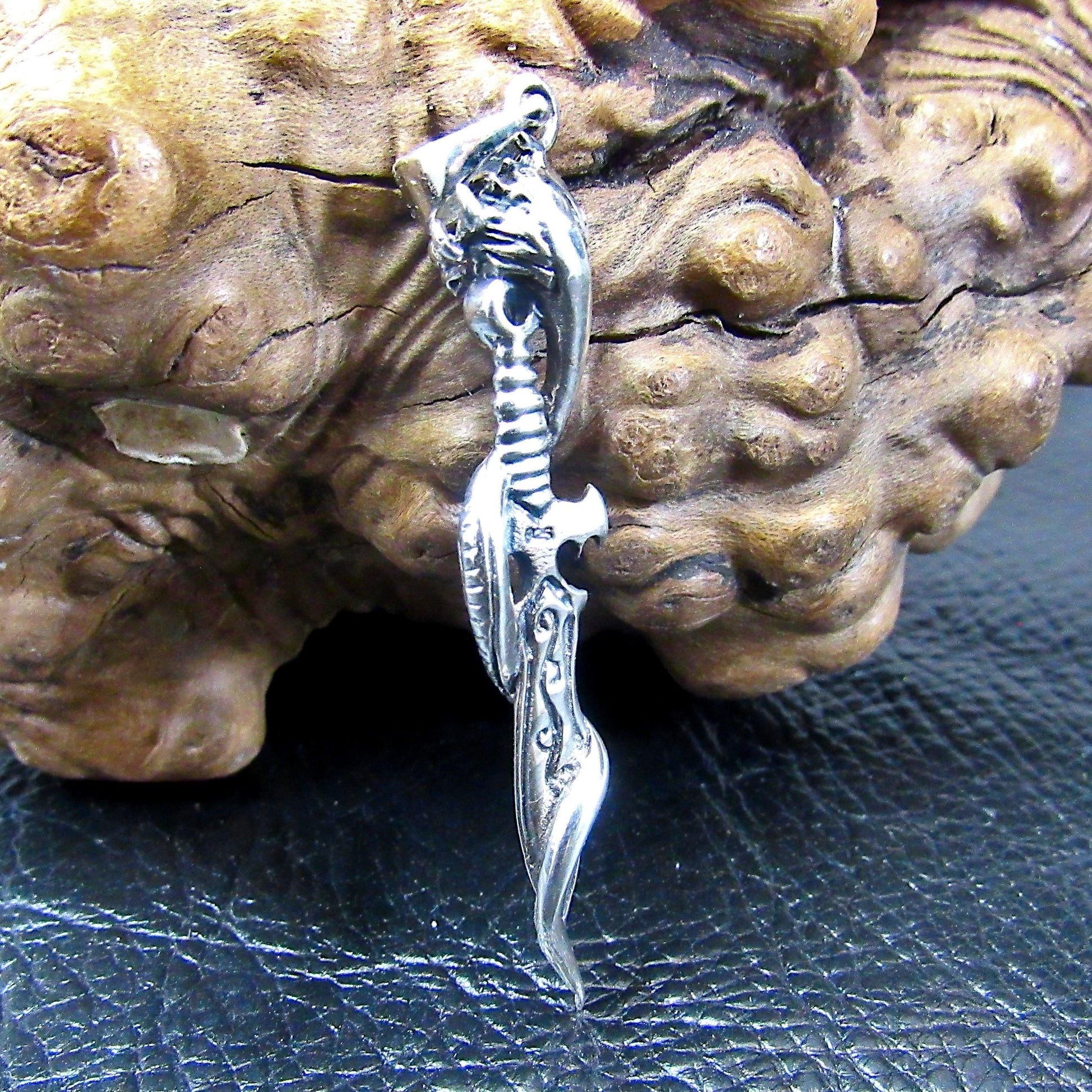 Solid 925 Sterling Silver Baphomet Sword Pagan Pendant, Intertwined Snake and Dagger, Occult Jewelry w/ White Cubic Zirconia CZ Gemstone