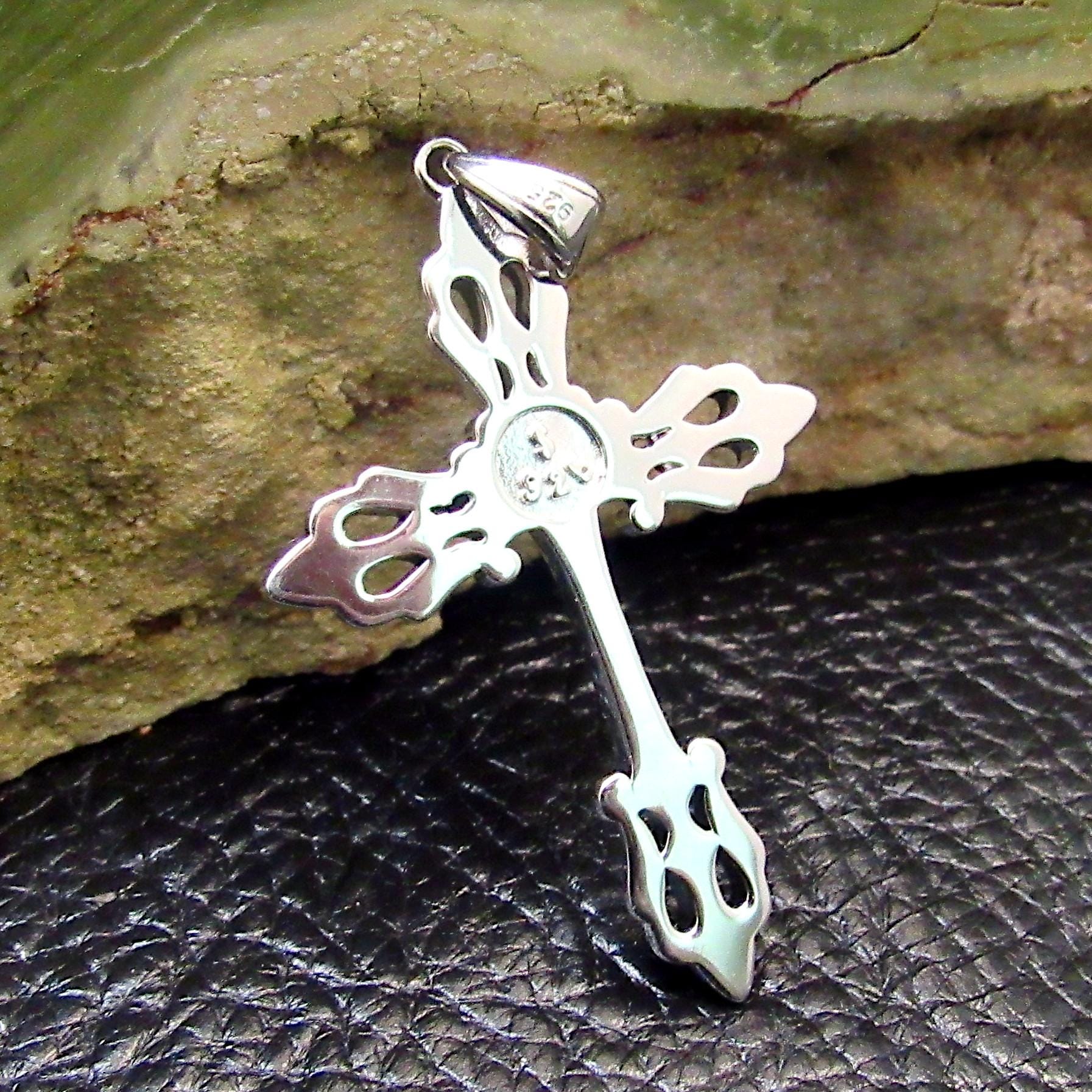 Solid 925 Sterling Silver Gothic Fleur-de-Lis Cross Pendant, Vintage Style Christian Necklace Charm, Ornate Medieval Style Jewelry