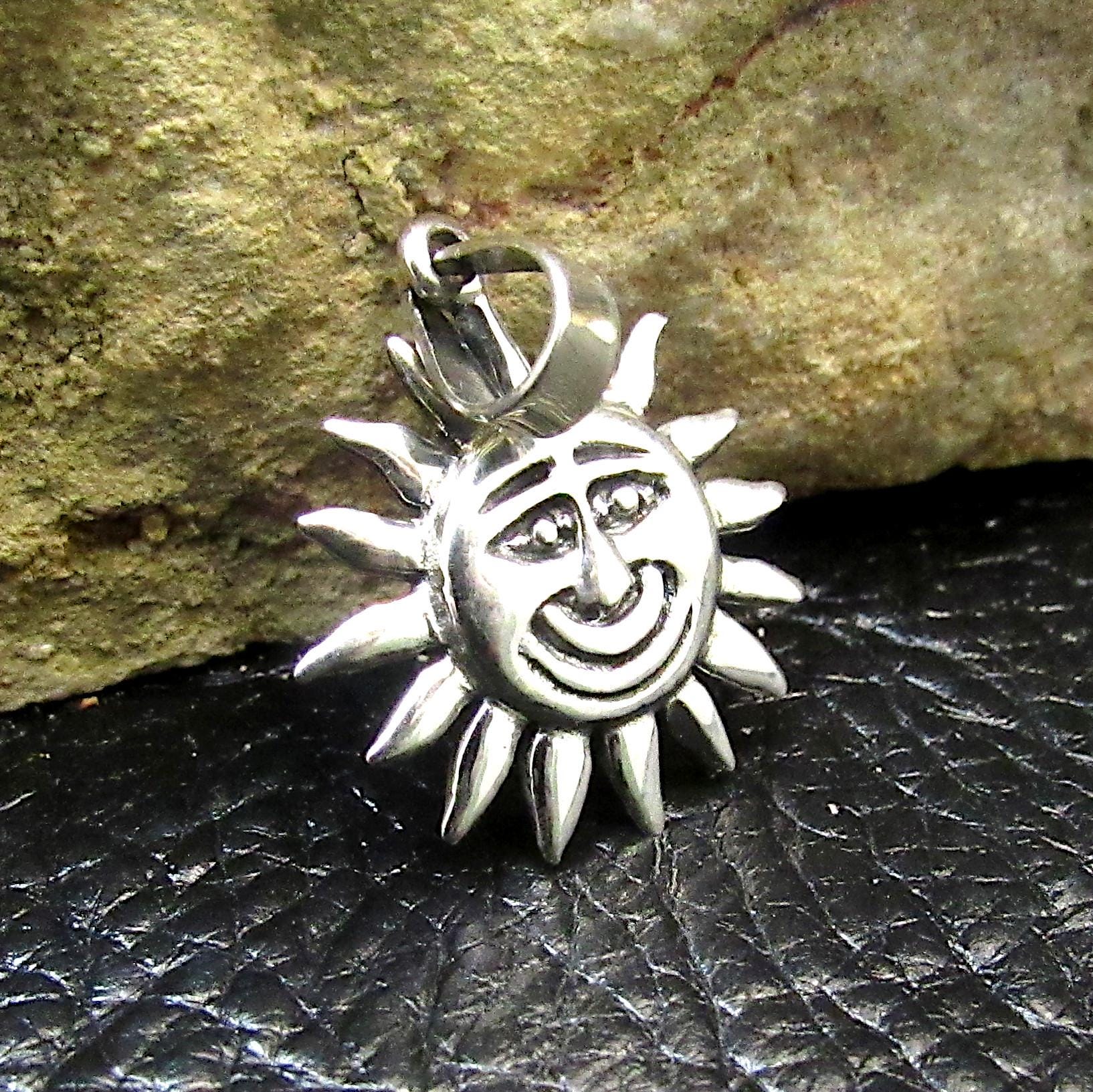 Solid 925 Sterling Silver Smiley Face Sun Pendant, Handcrafted Belenus Celestial Charm