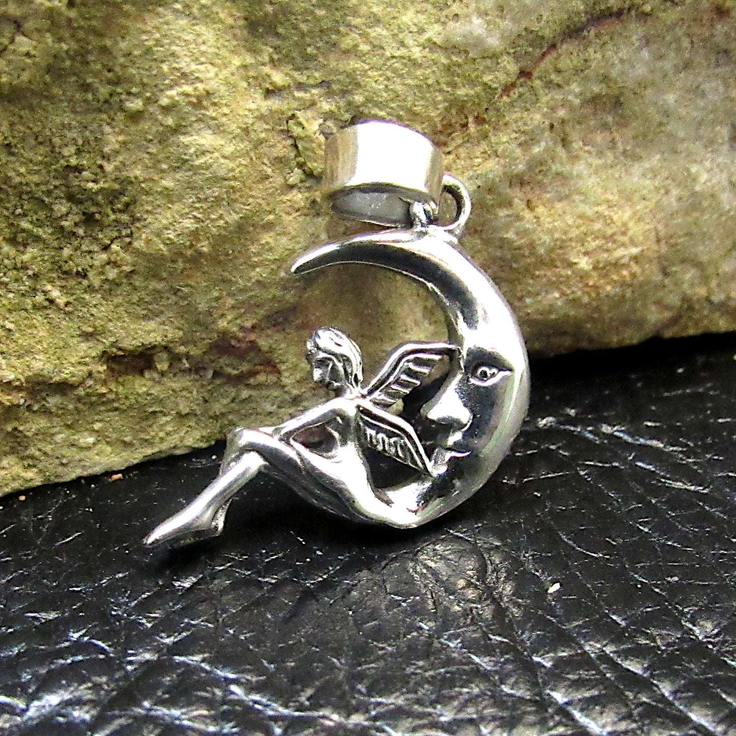 Solid 925 Sterling Silver Fairy on Waxing Crescent Moon Charm, Handcrafted Magical Fertility Pendant