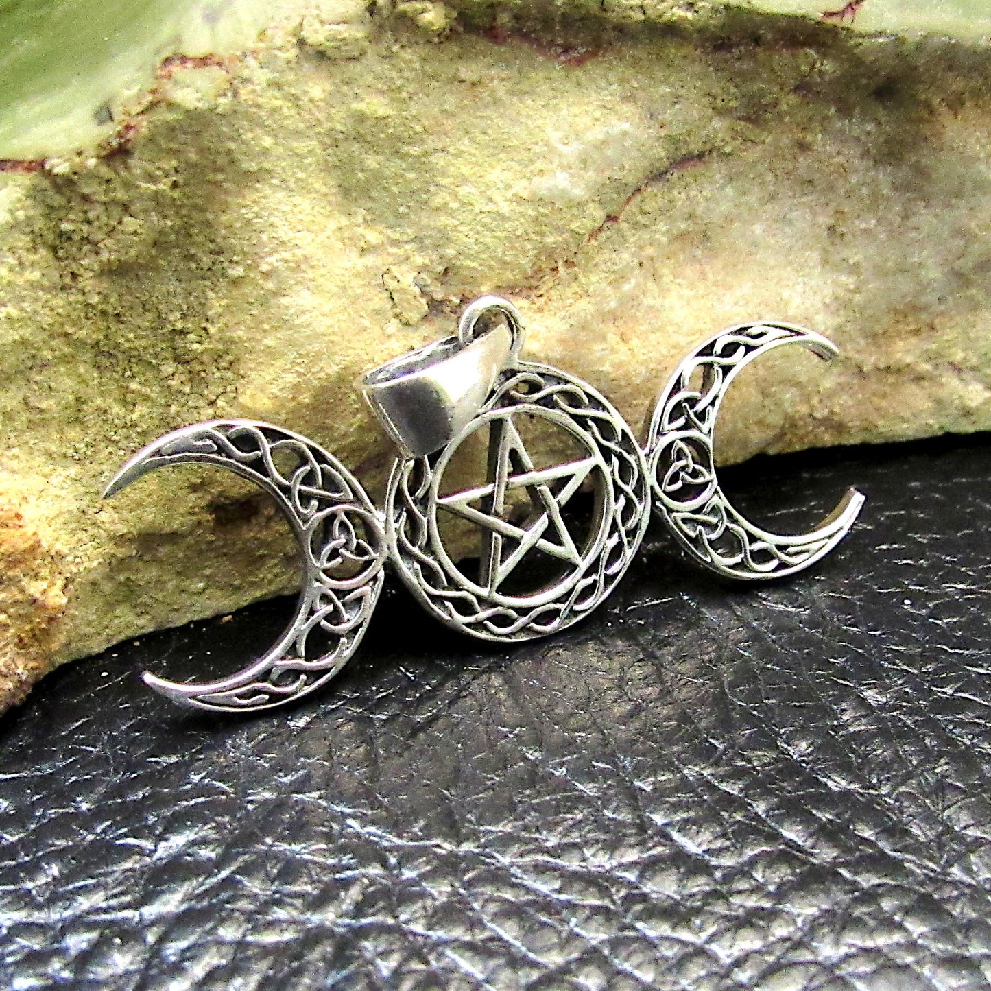 Solid 925 Sterling Silver Celtic Triple Moon Goddess Pentacle, Handcrafted Pentagram Pendant