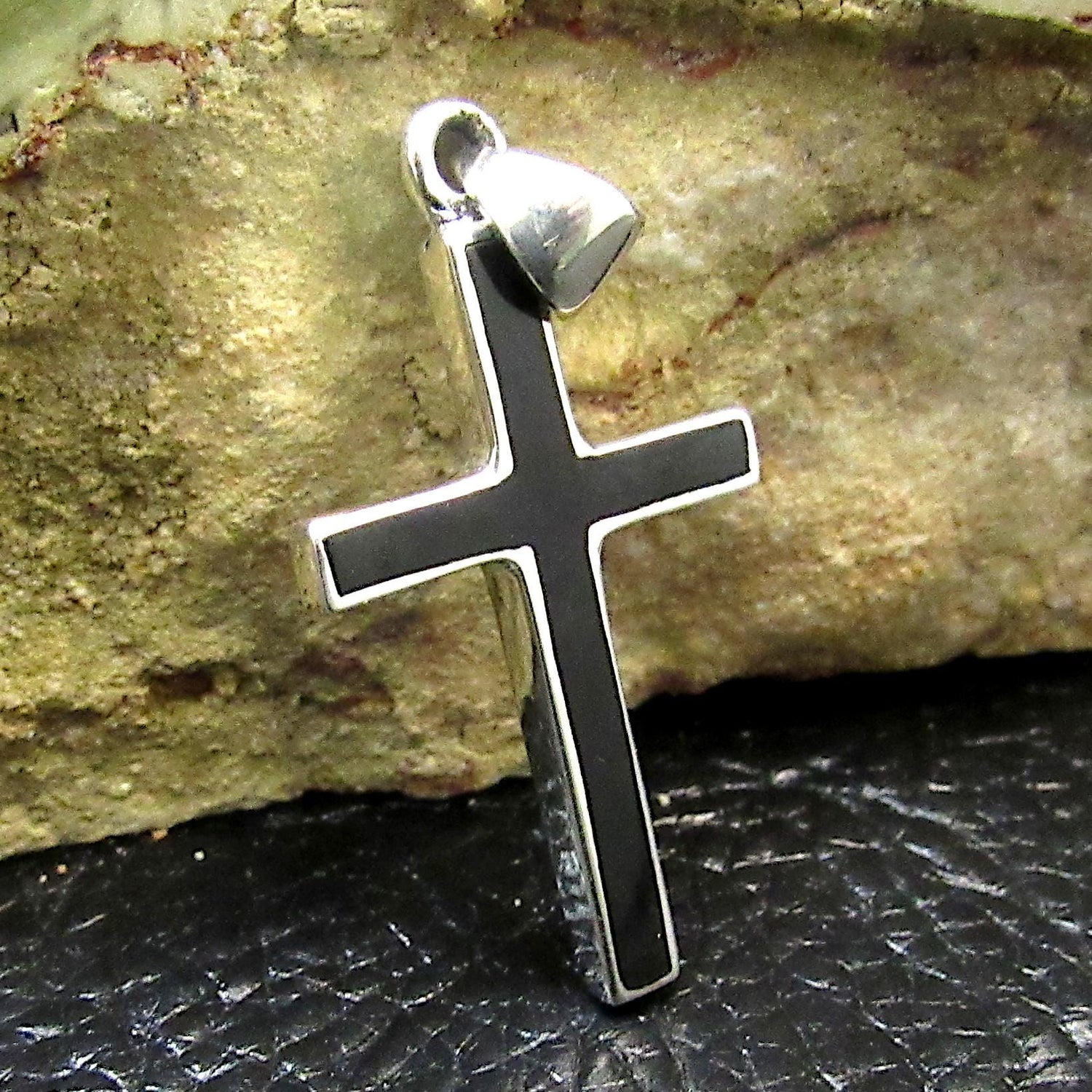 Solid 925 Sterling Silver Cross Pendant with Black Onyx Inlay – Men’s or Women’s Polished Necklace Charm, Christian Religious Jewelry