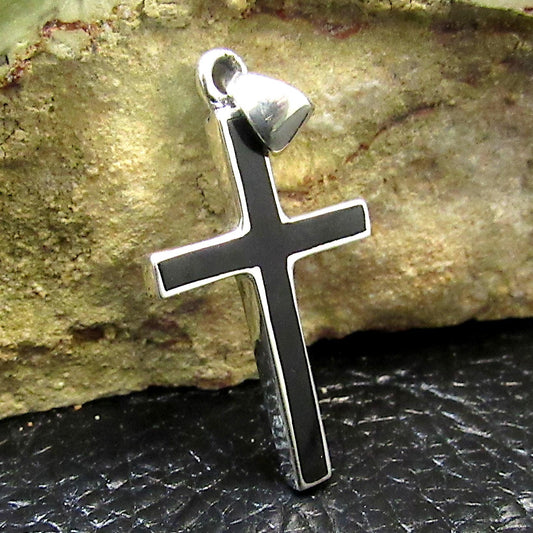 Solid 925 Sterling Silver Cross Pendant with Black Onyx Inlay – Men’s or Women’s Polished Necklace Charm, Christian Religious Jewelry