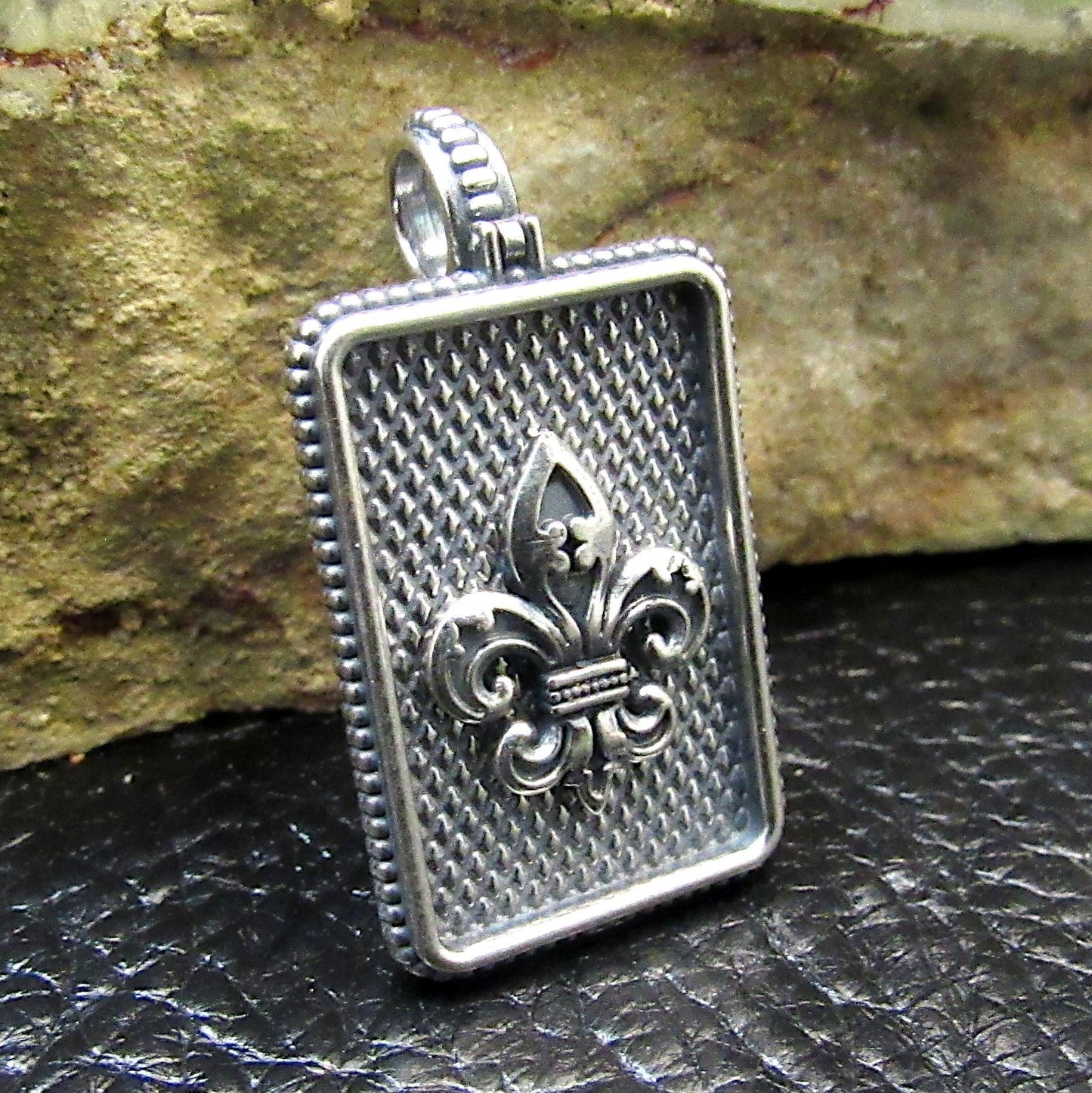 Solid 925 Sterling Silver Fleur-de-Lis Pendant – Rectangular Medallion, Unisex Oxidized Necklace Charm