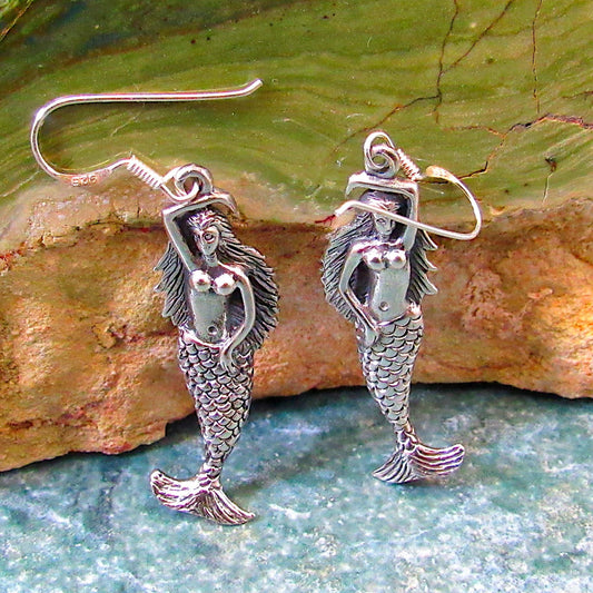 Solid 925 Sterling Silver Sea Siren Mermaid Earrings, Handcrafted Atargatis Drop Dangle Hook Earrings, Water Nymph Jewelry