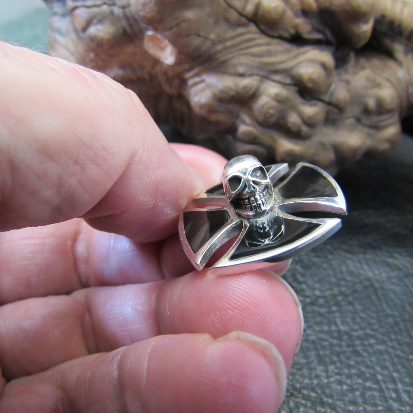 Solid 925 Sterling Silver Iron Cross, Knight's Templar Pendant With Skull and Black Onyx Inlay, Croix Pattee Jewelry