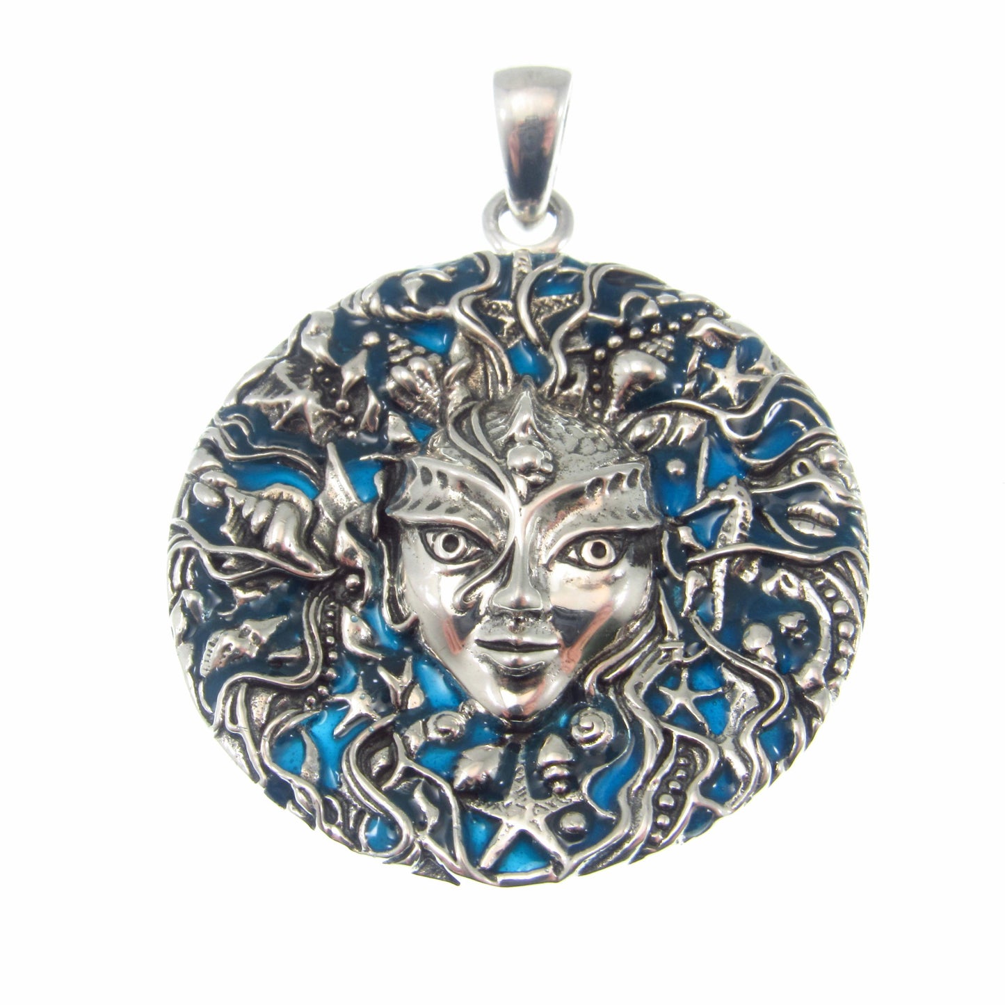 Solid 925 Sterling Silver Mari Sea Goddess Pendant by Oberon Zell – Ocean Mythology Jewelry with Optional Blue / Aqua Enamel, Nautical Gift