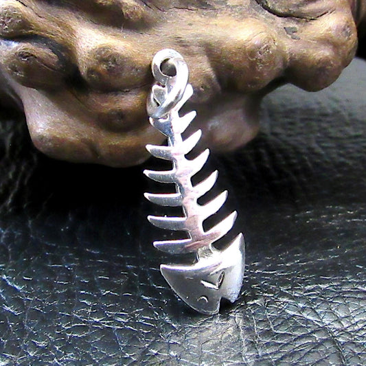 Solid 925 Sterling Silver 3D Two Sided Fish Skeleton Pendant, Handcrafted Fish Bone Charm