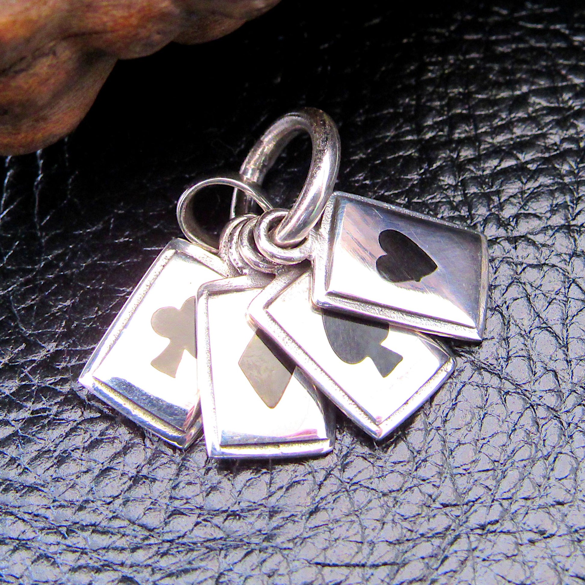 Solid 925 Sterling Silver Playing Cards Pendant – Four-Suit Charm with Black Onyx Inlay