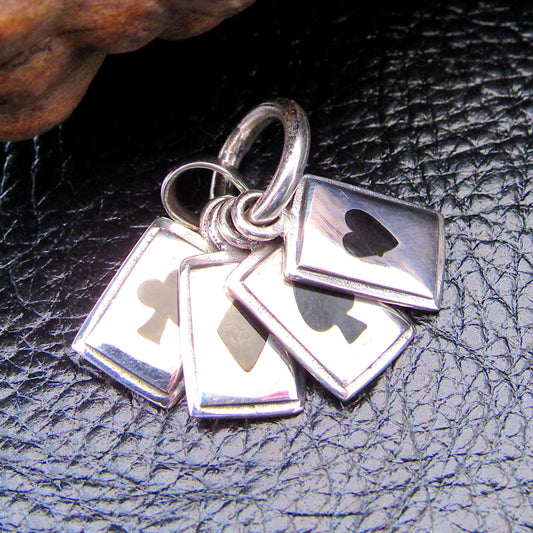 Solid 925 Sterling Silver Playing Cards Pendant – Four-Suit Charm with Black Onyx Inlay
