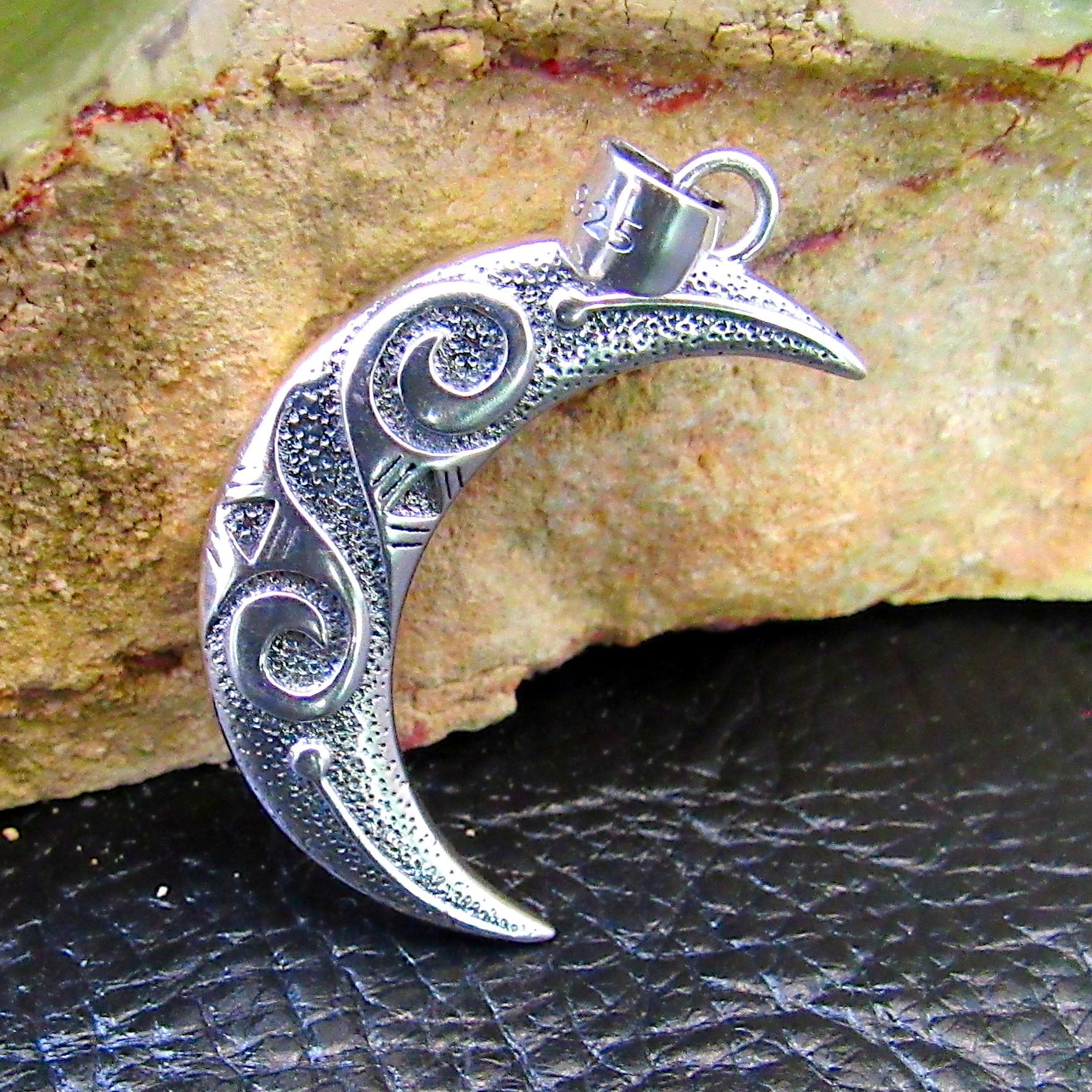 Solid 925 Sterling Silver Crescent Moon Pendant - Mystical Jewelry - Spiral Goddess Charm