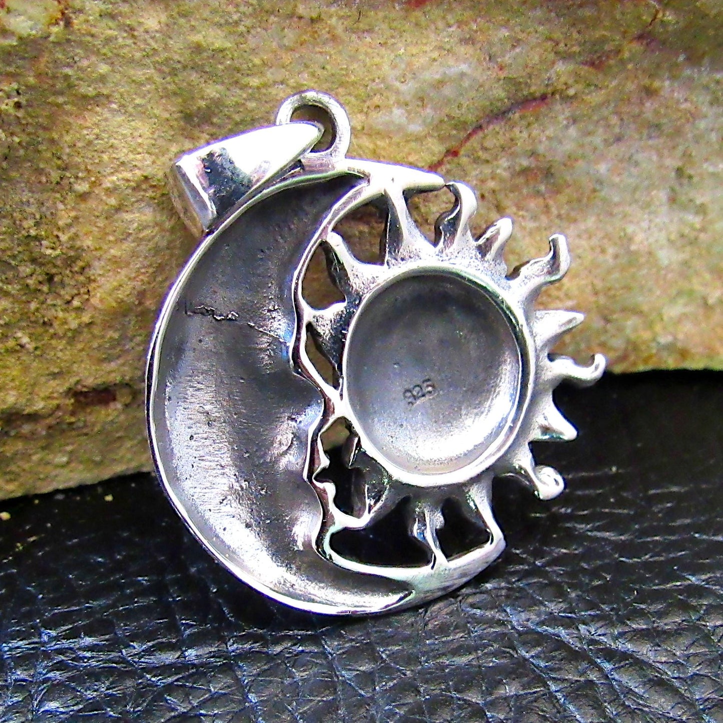 Solid 925 Sterling Silver Sun and Crescent Moon Faces Pendant, Cosmic Stellar Amulet