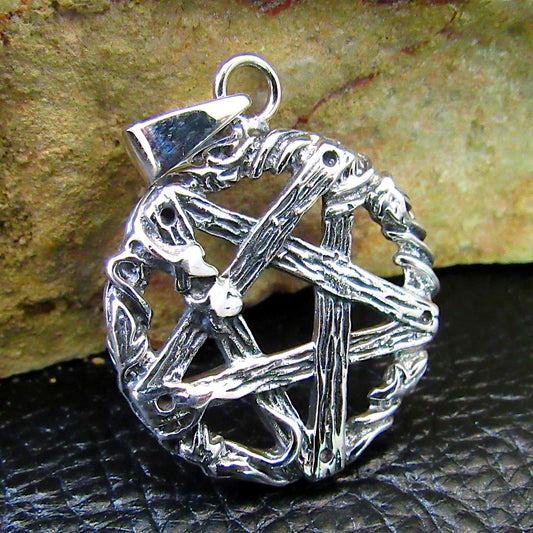Solid 925 Sterling Silver Twisted Branches Inverted Pentagram Pentacle Pendant – Tree of Life Star