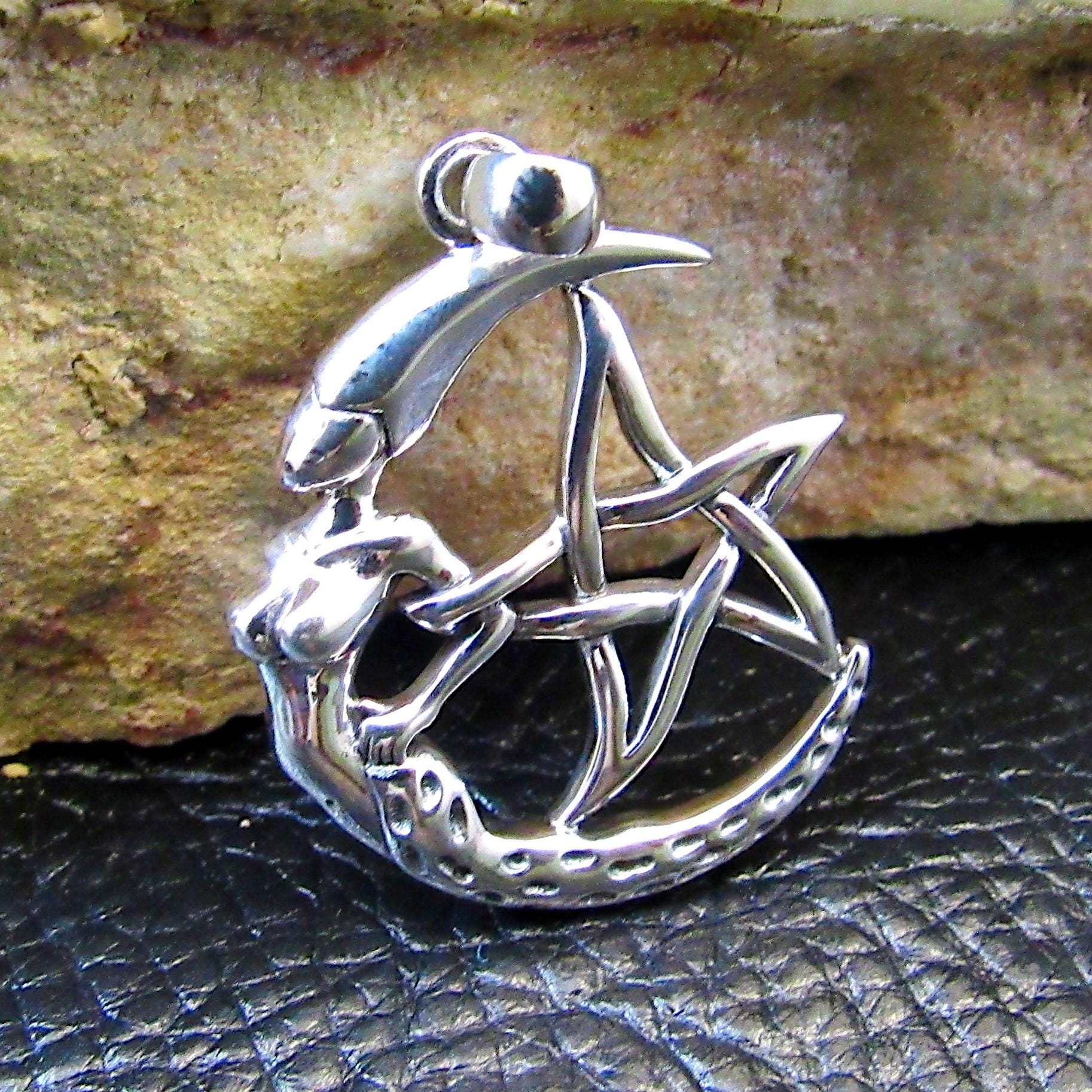Solid 925 Sterling Silver Moon Goddess The Star Pentagram Pendant, Pagan Wicca Amulet