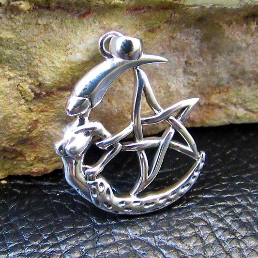 Solid 925 Sterling Silver Moon Goddess The Star Pentagram Pendant, Pagan Wicca Amulet