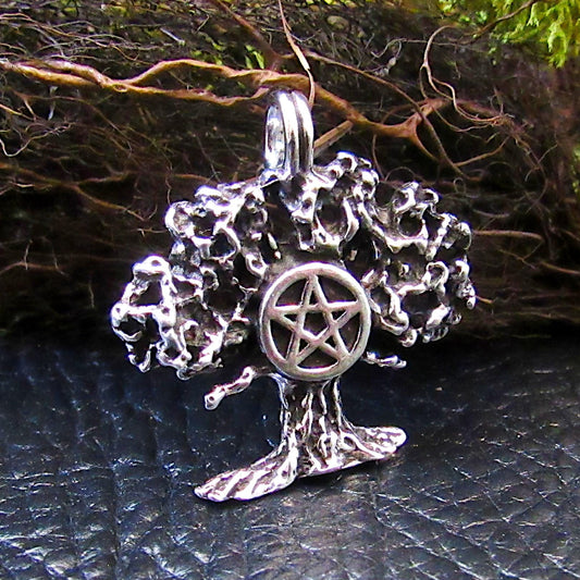 Solid 925 Sterling Silver Sacred Oak Tree of Life and Pentacle Pentagram Pendant