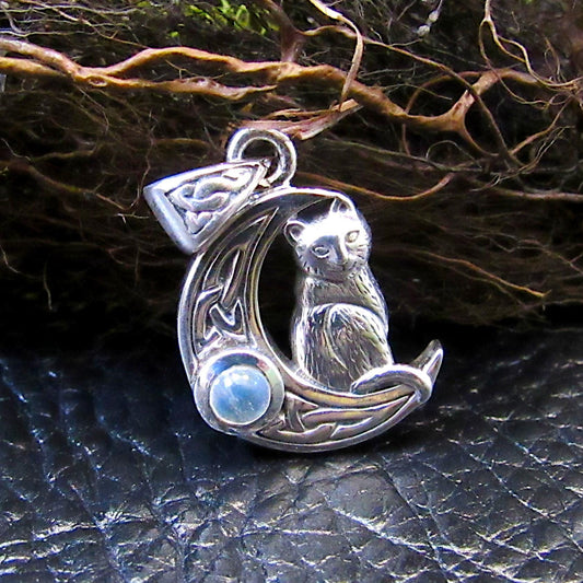 Solid 925 Sterling Silver Celtic Crescent Moon Cat Pendant With Amethyst or Rainbow Moonstone Gemstone