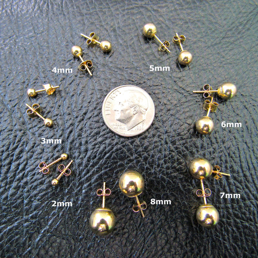 14k Gold Ball Stud Earrings – Simple Round Studs in Small, Medium & Large Sizes – Minimalist Earring Balls for Men / Women