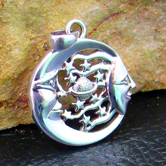 Solid 925 Sterling Silver Moon Faces & Stars Pendant with Saturn Planet - Cosmic Jewelry Amulet