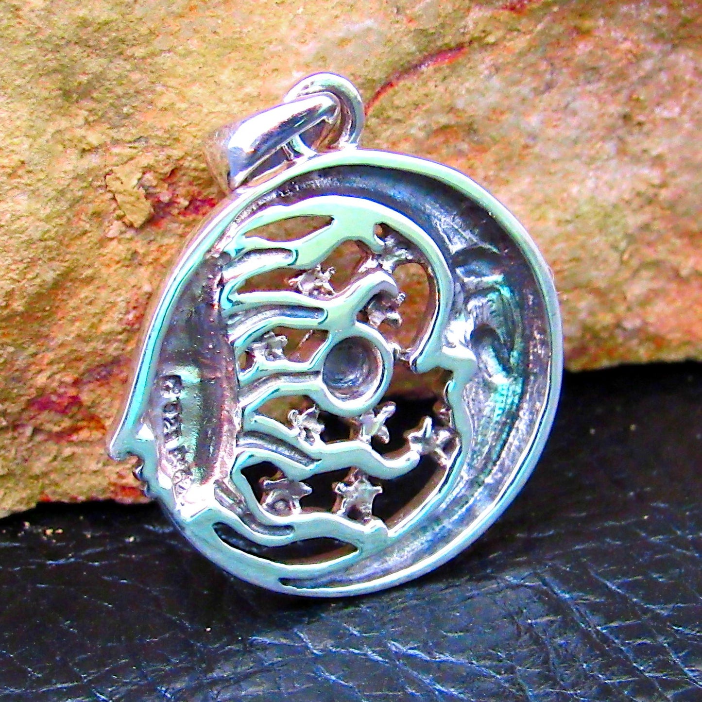 Solid 925 Sterling Silver Moon Faces & Stars Pendant with Saturn Planet - Cosmic Jewelry Amulet