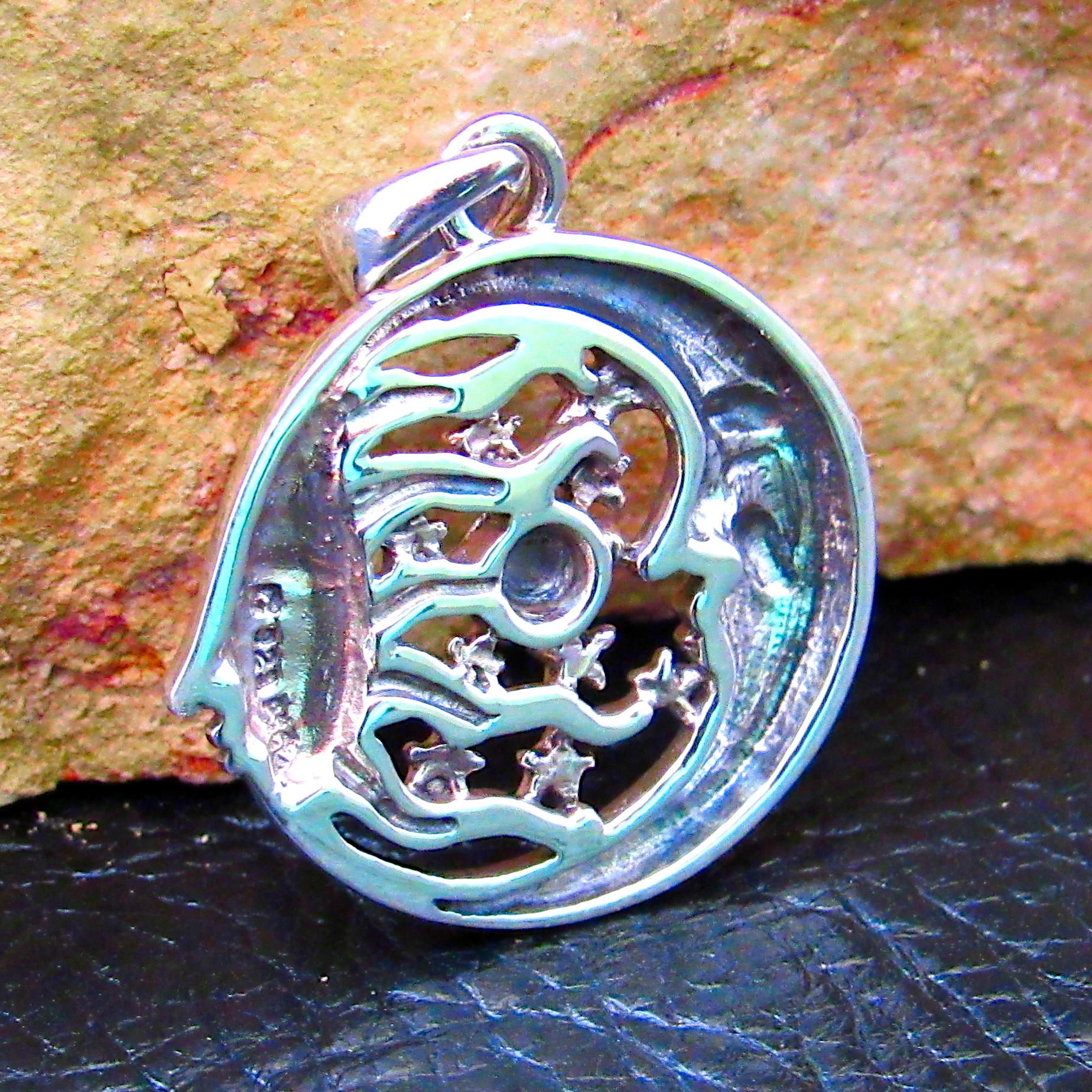 Solid 925 Sterling Silver Moon Faces & Stars Pendant with Saturn Planet - Cosmic Jewelry Amulet