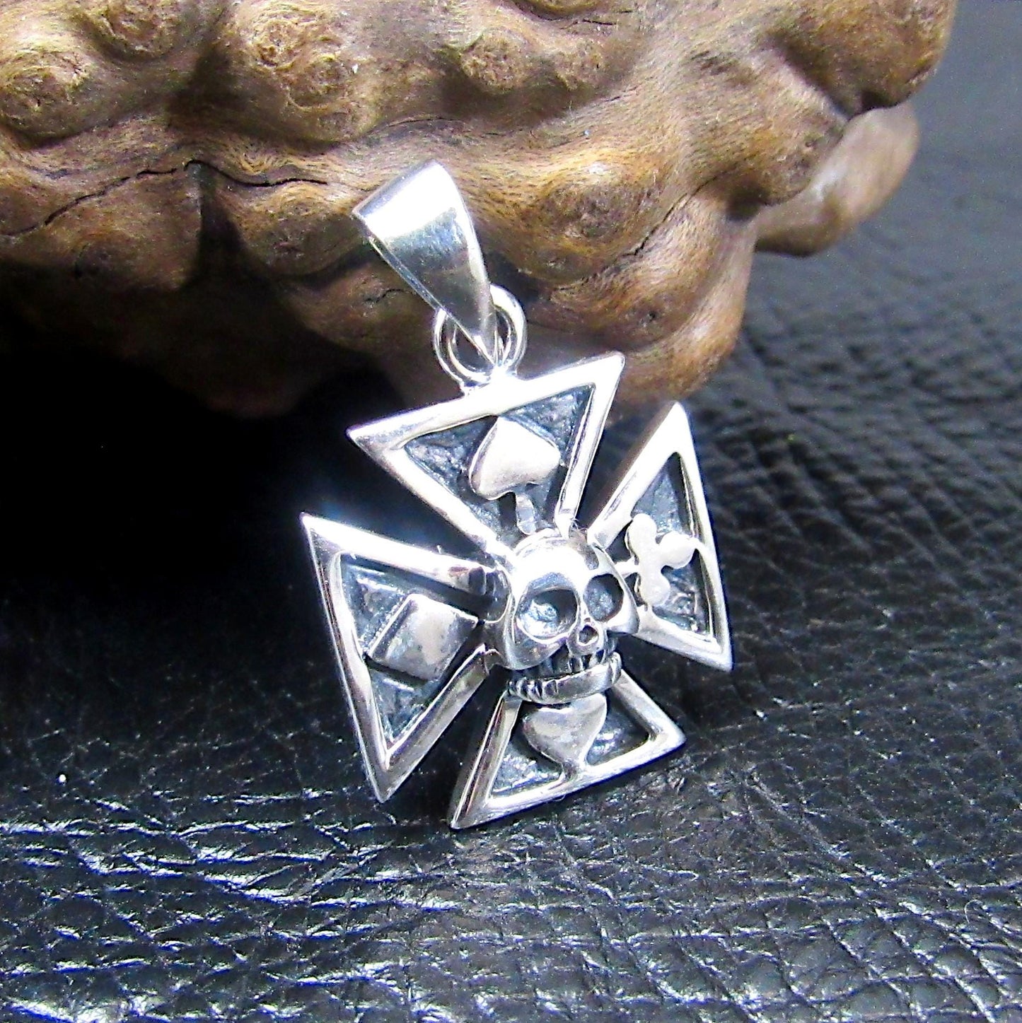 Solid 925 Sterling Silver Croix Pattee (Patty) Pendant, Iron Cross Jewelry, Skeleton Skull with 4 Card Suits, Handcrafted Gambling Charm