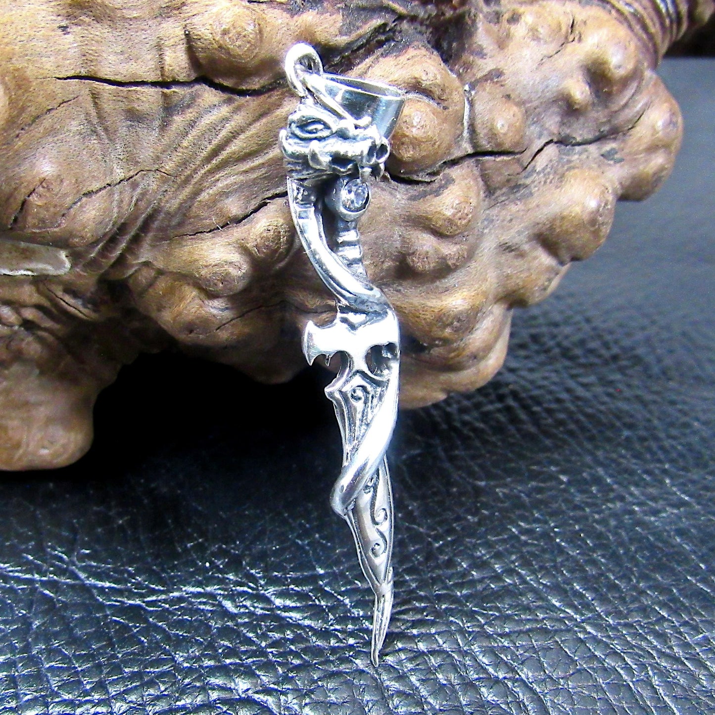 Solid 925 Sterling Silver Baphomet Sword Pagan Pendant, Intertwined Snake and Dagger, Occult Jewelry w/ White Cubic Zirconia CZ Gemstone