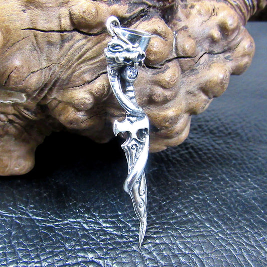 Solid 925 Sterling Silver Baphomet Sword Pagan Pendant, Intertwined Snake and Dagger, Occult Jewelry w/ White Cubic Zirconia CZ Gemstone