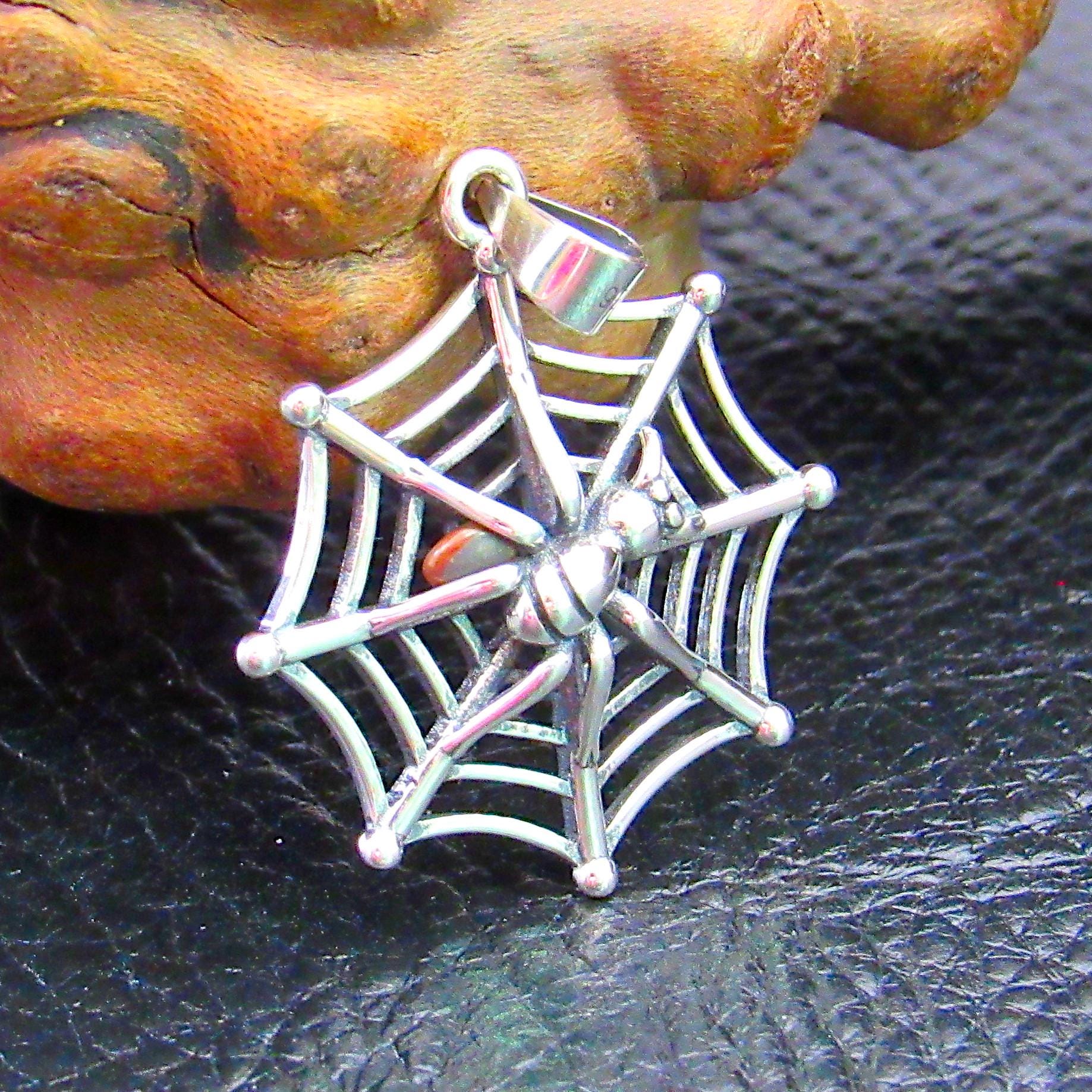 Solid 925 Sterling Silver Spider on her Web Pendant, Handcrafted Creepy Halloween Costume Jewelry