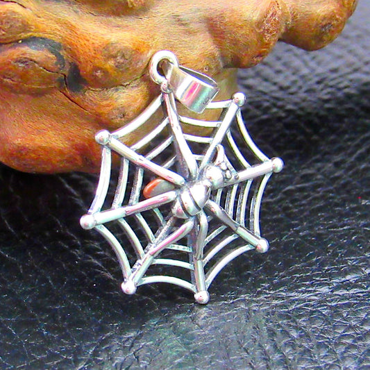 Solid 925 Sterling Silver Spider on her Web Pendant, Handcrafted Creepy Halloween Costume Jewelry