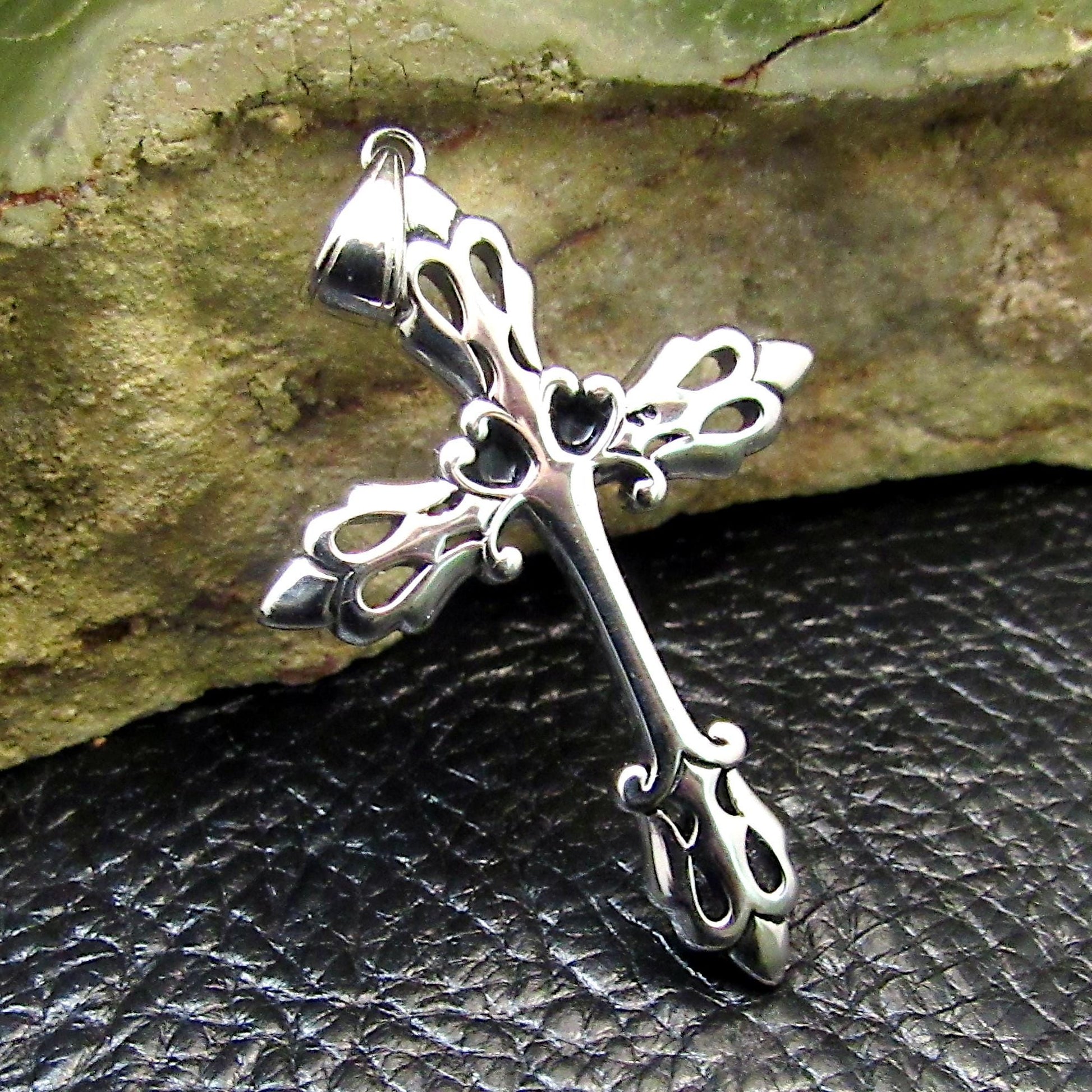 Solid 925 Sterling Silver Gothic Fleur-de-Lis Cross Pendant, Vintage Style Christian Necklace Charm, Ornate Medieval Style Jewelry