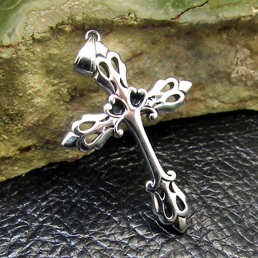 Solid 925 Sterling Silver Gothic Fleur-de-Lis Cross Pendant, Vintage Style Christian Necklace Charm, Ornate Medieval Style Jewelry