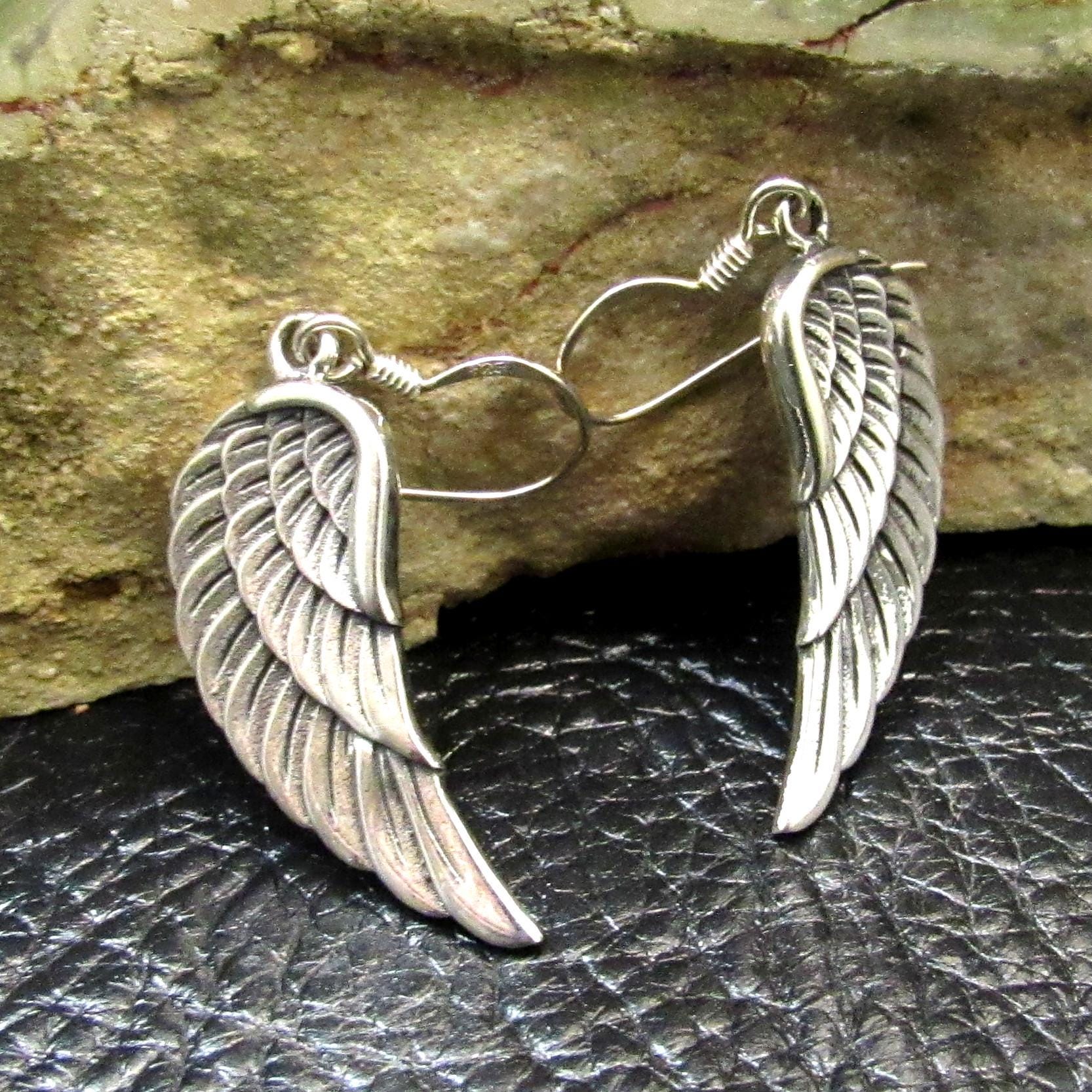 Solid 925 Sterling Silver Angel Wing Earrings, Handcrafted Drop Dangle Hook Earrings, Symbol of Protection Jewelry