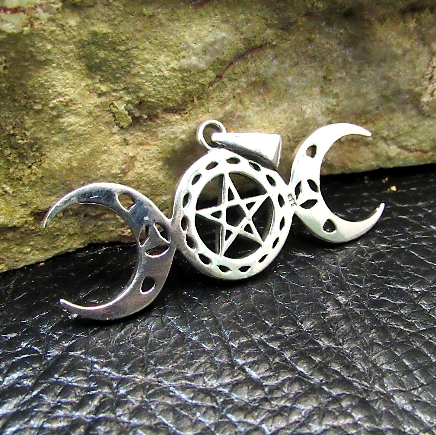 Solid 925 Sterling Silver Celtic Triple Moon Goddess Pentacle, Handcrafted Pentagram Pendant
