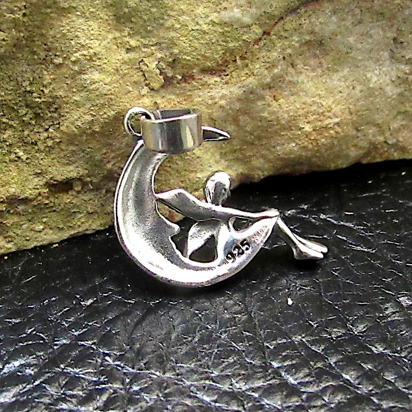 Solid 925 Sterling Silver Fairy on Waxing Crescent Moon Charm, Handcrafted Magical Fertility Pendant