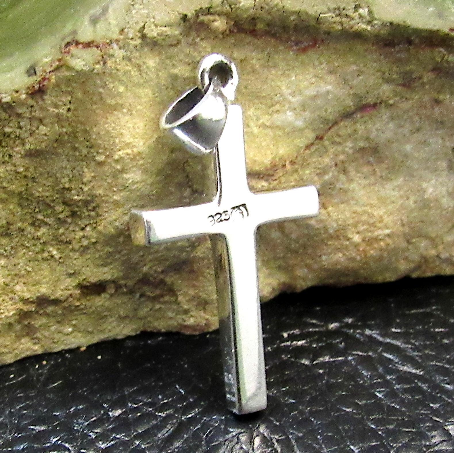 Solid 925 Sterling Silver Cross Pendant with Black Onyx Inlay – Men’s or Women’s Polished Necklace Charm, Christian Religious Jewelry