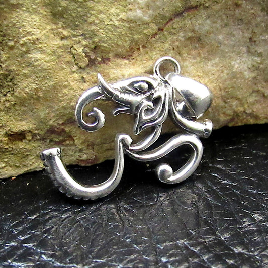 Solid 925 Sterling Silver Ganesha Om Pendant – Hindu Elephant God of Wisdom and Prosperity