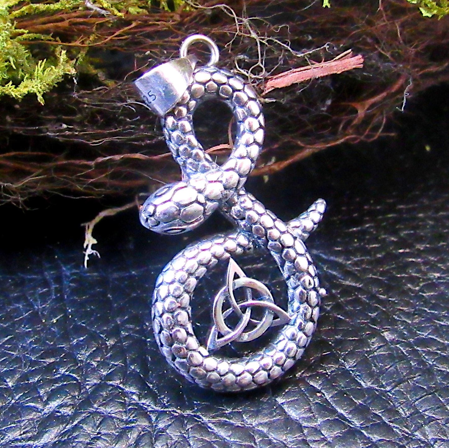 Solid 925 Sterling Silver Snake & Celtic Triquetra Knot Pendant - Mystical Serpent Charm - Pagan Trinity Jewelry - Unique Statement Piece