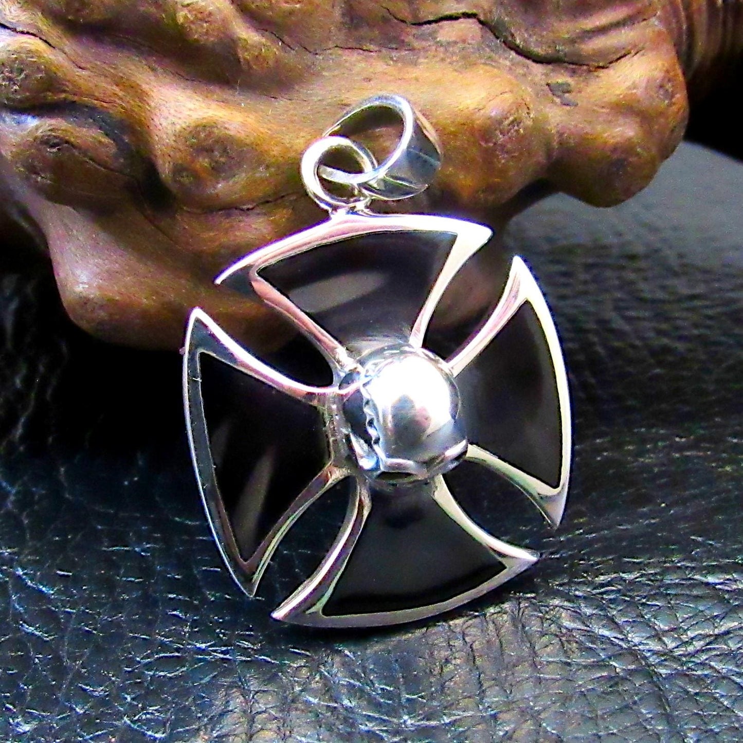 Solid 925 Sterling Silver Iron Cross, Knight's Templar Pendant With Skull and Black Onyx Inlay, Croix Pattee Jewelry