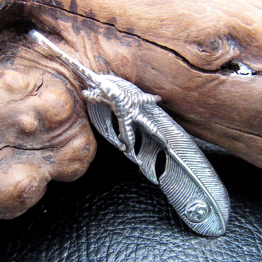 Large Solid 925 Sterling Silver Eagle Feather & Claw Slide Pendant
