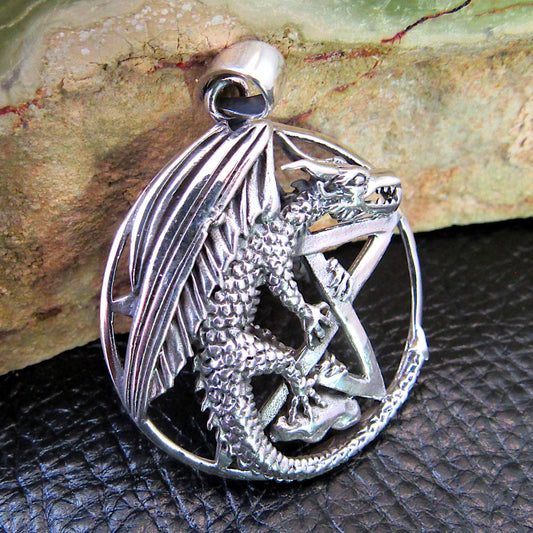 Solid 925 Sterling Silver Dragon Pentagram Pendant — Gothic Mythical Beast Necklace Amulet, Wiccan Protection Pentacle