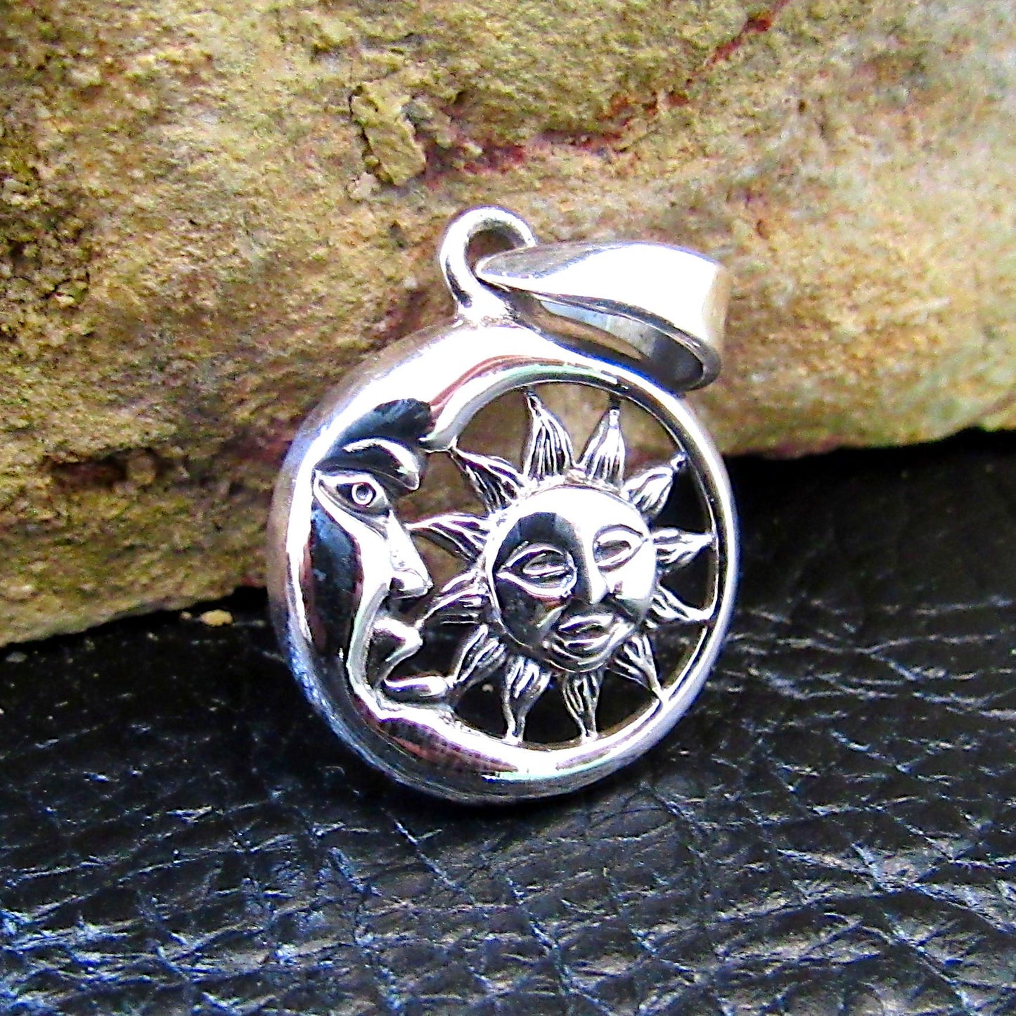 Small Solid 925 Sterling Silver Crescent Waning Moon & Sun Charm Pendant